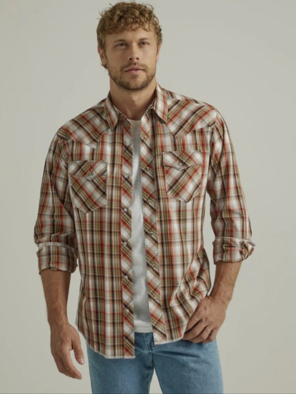Wrangler Men's Long Sleeve Snap Shirt - Brown/Orange Mediume